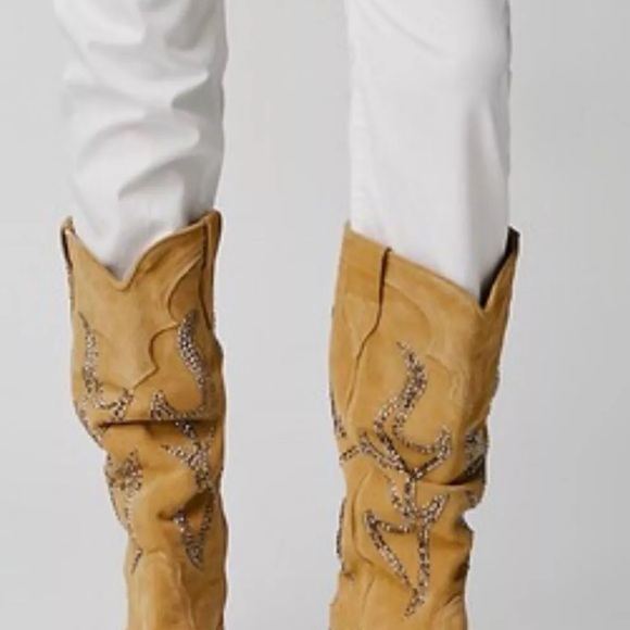 Free People Nashville Nights Cowboy Boot Tan Suede Pewter Rhinestones - Picture 3 of 9